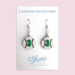 custom baseball dangle earrings with custom jersey number and color